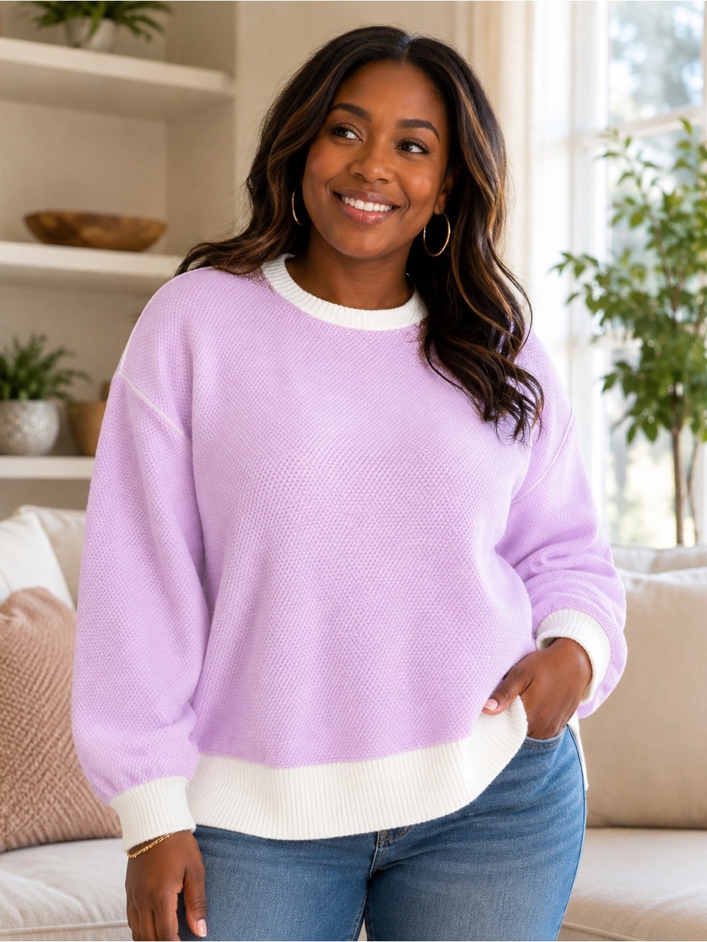 Etcyy New Pink and Ivory Trim Texture Knit Pullover Sweater - NWT